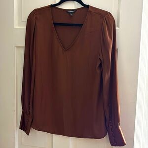Express satin chocolate Medium long button sleeve shirt